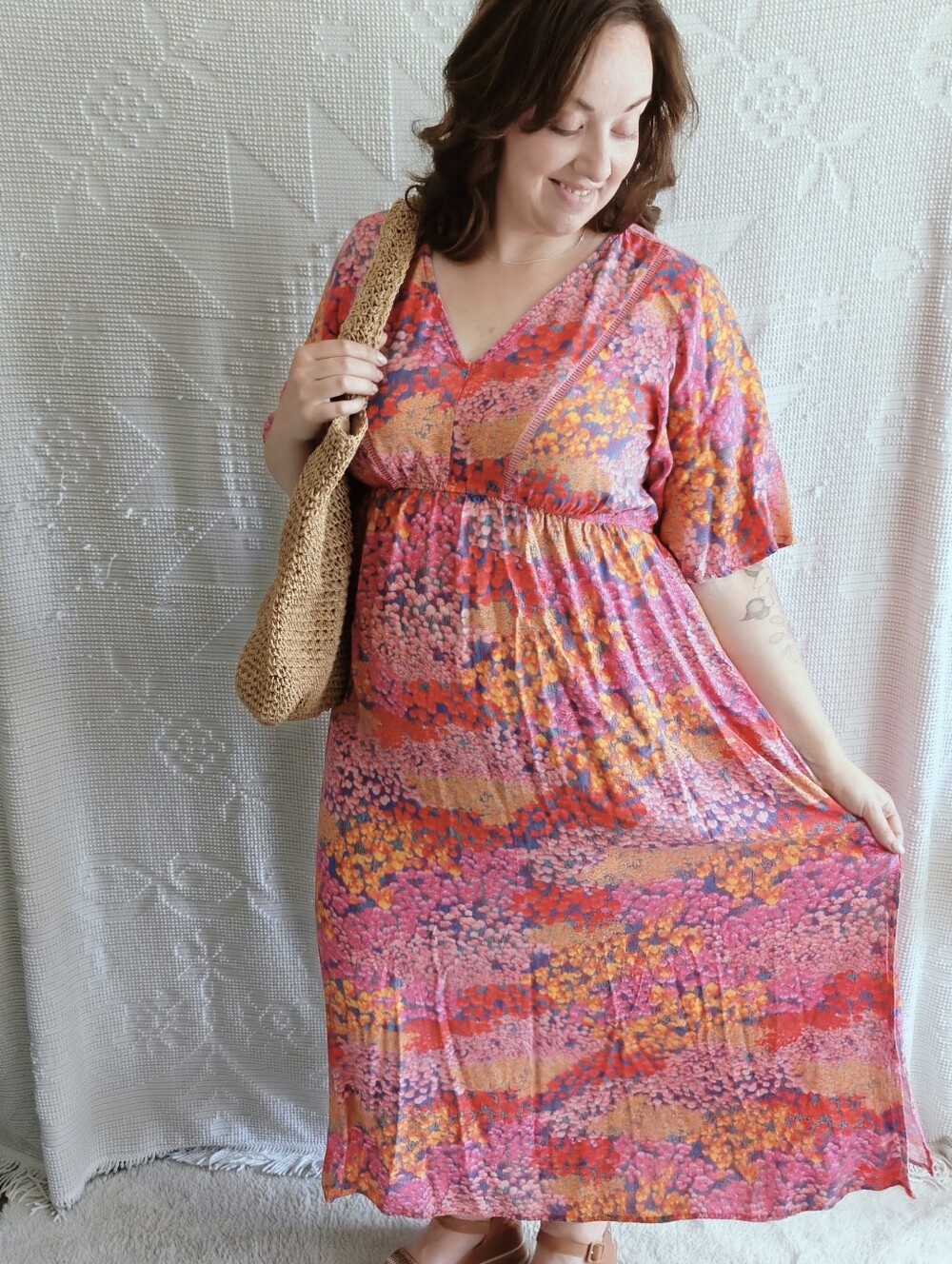 Rusttydustty 2XL Vibrant Floral Maxi Dress | Boho | Flutter Sleeve Empire Waist